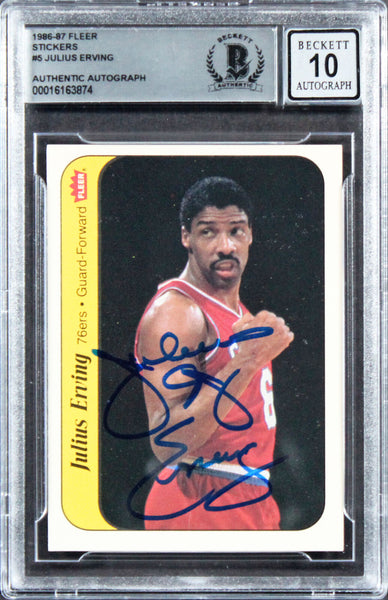 76ers Julius "Dr. J." Erving Signed 1986 Fleer Stickers #5 Card Auto 10 BAS Slab