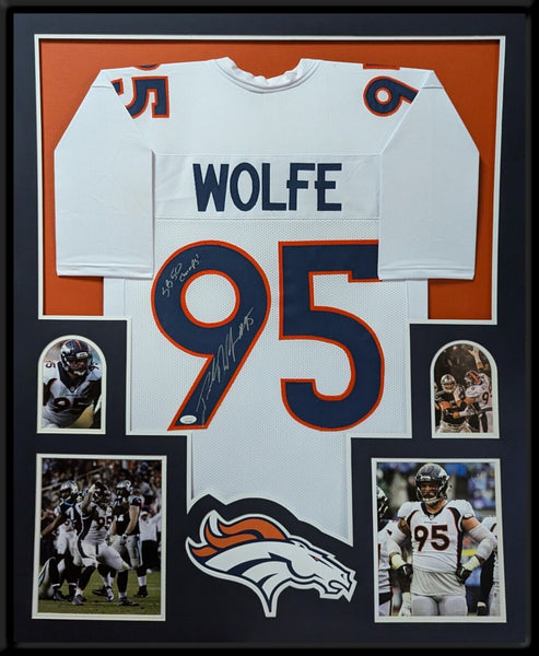 FRAMED DENVER BRONCOS DEREK WOLFE AUTOGRAPHED SIGNED INSCRIBED JERSEY JSA COA