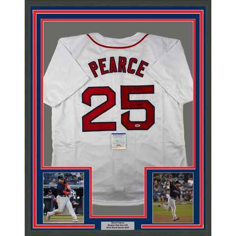 Framed Autographed/Signed Steve Pearce 33x42 18 WS MVP White Jersey PSA/DNA COA