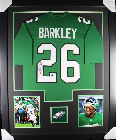 SAQUON BARKLEY (Eagles kelly green TOWER) Signed Autograph Framed Jersey Beckett