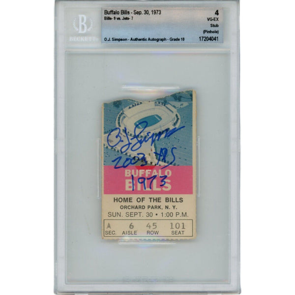 OJ Simpson Autographed Buffalo Bills 09/30/73 Ticket Stub 2003 yds Beckett 48171