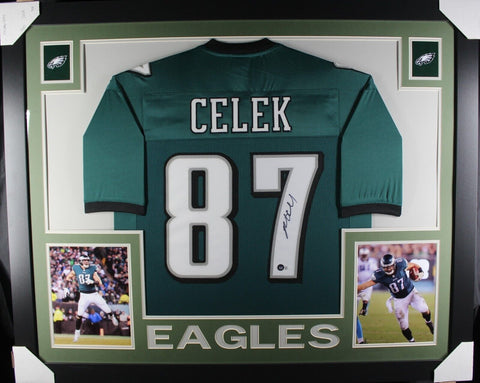 BRENT CELEK (Eagles green SKYLINE) Signed Autographed Framed Jersey Beckett