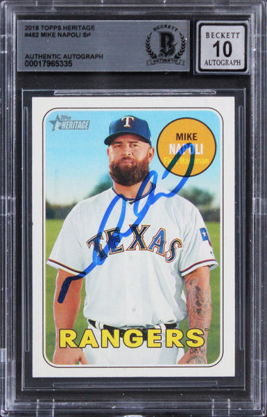 Rangers Mike Napoli Signed 2018 Topps Heritage #462 Card Auto 10! BAS Slabbed