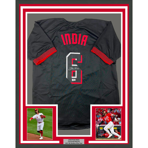 Framed Autographed/Signed Jonathan India 33x42 Black City Connect Jersey BAS COA