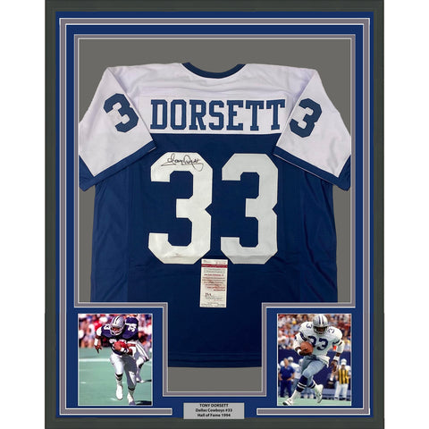 Framed Autographed/Signed Tony Dorsett 33x42 Dallas Football Jersey JSA COA