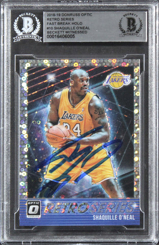 Lakers Shaquille O'Neal Signed 2018 Donruss Optic RS FB HOLO #10 Card BAS Slab