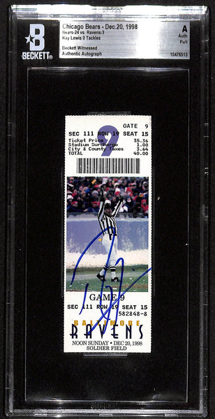 Ray Lewis Signed Baltimore Ravens 12/20/98 Slab Ticket 7 Grade Beckett 37446