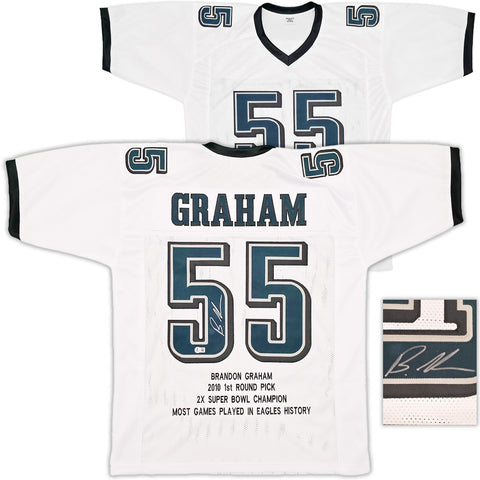 EAGLES BRANDON GRAHAM AUTOGRAPHED WHITE SUPER BOWL STATS JERSEY BECKETT 239892