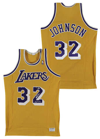 Lakers Magic Johnson "HOF 02" Signed Yellow MacGregor Sand-Knit Jersey BAS Wit 4