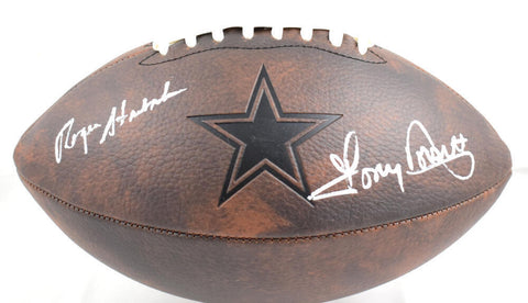 Tony Dorsett R. Staubach Signed Cowboys Distressed Logo Football- Beckett W Holo