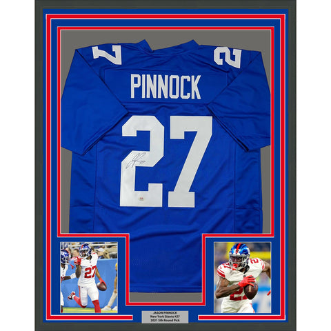 Framed Autographed/Signed Jason Pinnock 33x42 New York Blue Jersey PSA/DNA COA