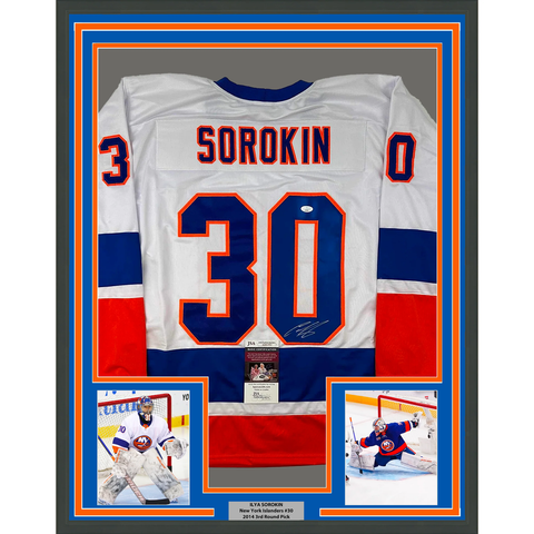Framed Ilya Sorokin New York Islanders Autographed 16 x 20 Reverse Retro  Jersey Making Save Photograph