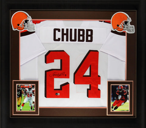 Nick Chubb Authentic Signed White Pro Style Framed Jersey BAS Witnessed 2