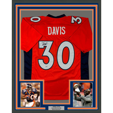 Framed Autographed/Signed Terrell Davis 33x42 Denver Orange Jersey BAS COA