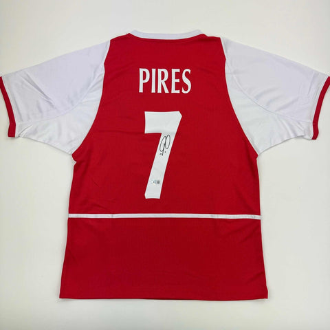Autographed/Signed Robert Pires Arsenal Red Soccer Jersey Beckett BAS COA