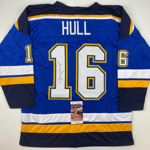 Autographed/Signed Brett Hull St. Louis Blue White Numbers Hockey Jersey JSA COA