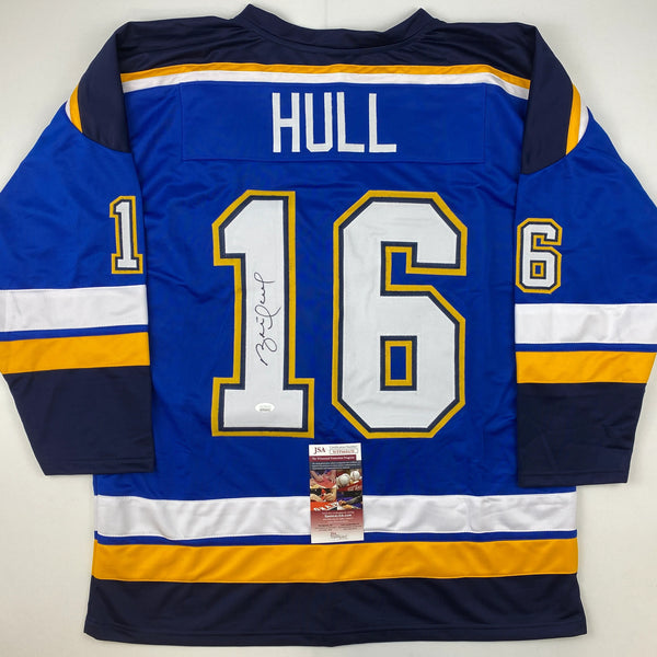 Autographed/Signed Brett Hull St. Louis Blue White Numbers Hockey Jersey JSA COA
