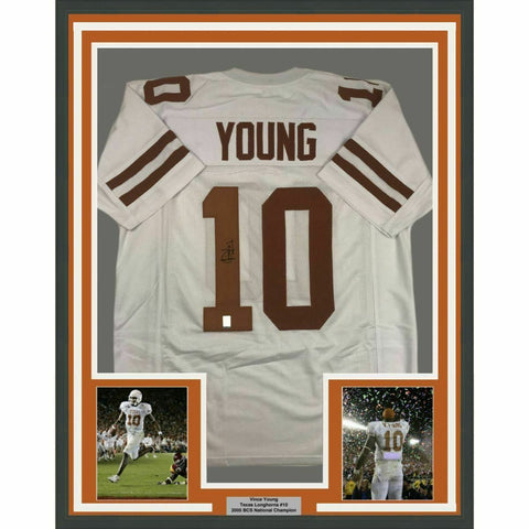 FRAMED Autographed/Signed VINCE YOUNG 33x42 Texas White College Jersey GTSM COA