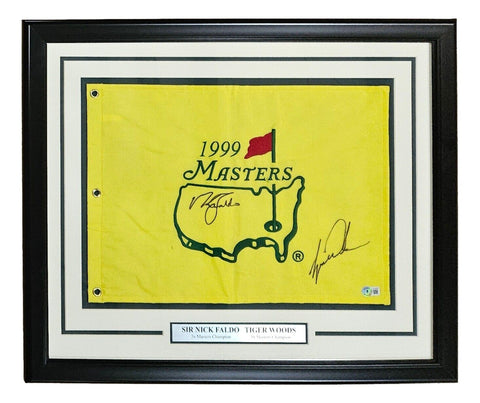 Tiger Woods Sir Nick Faldo Signed Framed 1999 Masters Golf Flag BAS LOA