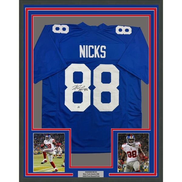 Framed Autographed/Signed Hakeem Nicks 35x39 New York Blue Jersey BAS COA