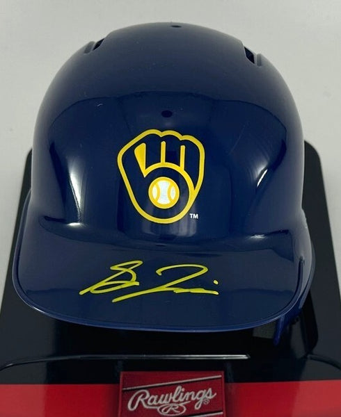 Brewers Outfielder SAL FRELICK Signed Rawlings BLUE Mini Helmet AUTO - BAS