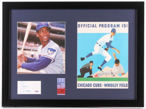 Ernie Banks Signed Cubs 17x23 Framed Cut Display + Ticket & 1970 Scorecard (PSA)