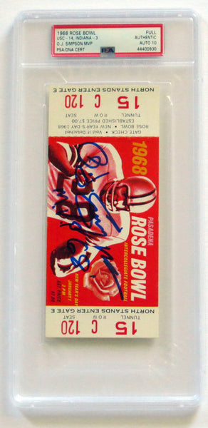 O.J. Simpson Signed USC 1968 Rose Bowl Encapsulated Ticket W/ MVP PSA AUTO 10
