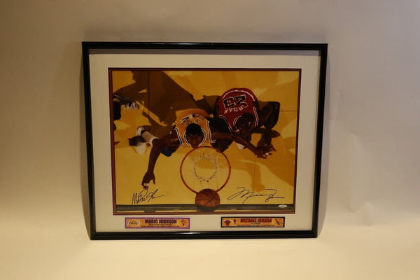 Magic Johnson & Michael Jordan Autographed 16 x 20 Above Action Shot -Upper Deck