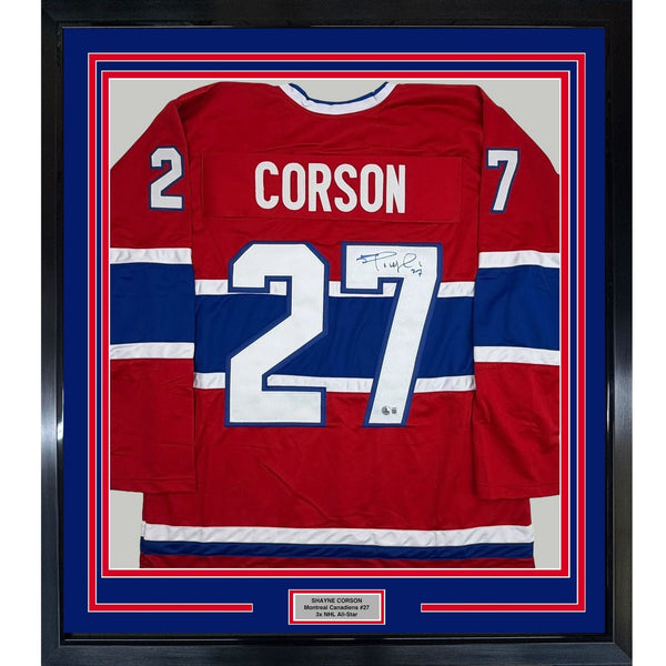 Framed Autographed/Signed Shayne Corson 35x39 Montreal Red Jersey BAS COA