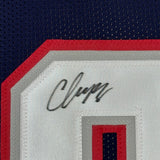 Framed Autographed/Signed Christian Gonzalez 35x39 NE Blue Jersey BAS COA