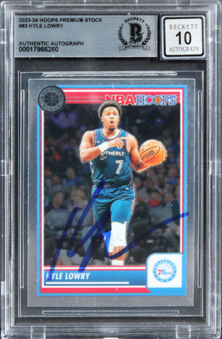 76ers Kyle Lowry Signed 2023 Hoops Premium Stock #83 Card Auto 10! BAS Slabbed