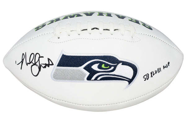 MALCOLM SMITH SIGNED SEATTLE SEAHAWKS WHITE LOGO FOOTBALL W/ SB XLVIII MVP