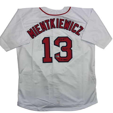 Autographed/Signed Doug Mientkiewicz Final Out! Boston White Jersey BAS COA