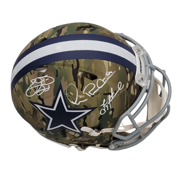 Troy Aikman Michael Irvin Emmitt Smith Signed Cowboys Camo Authentic Helmet BAS