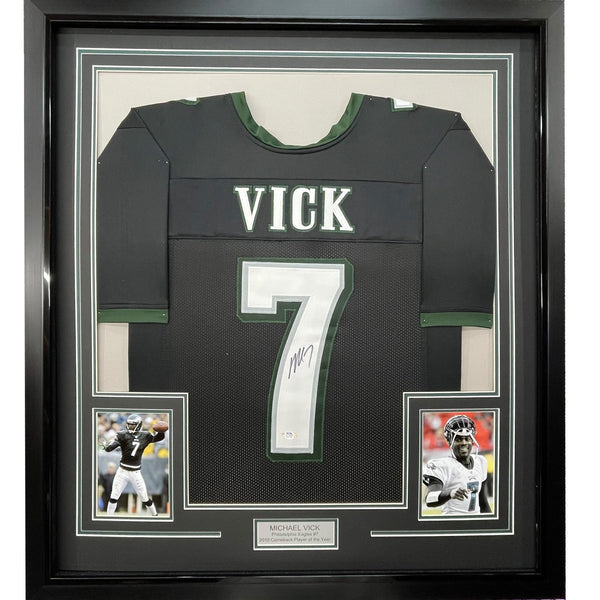 FRAMED Signed MICHAEL VICK 35x39 Philadelphia Black Jersey PSA COA