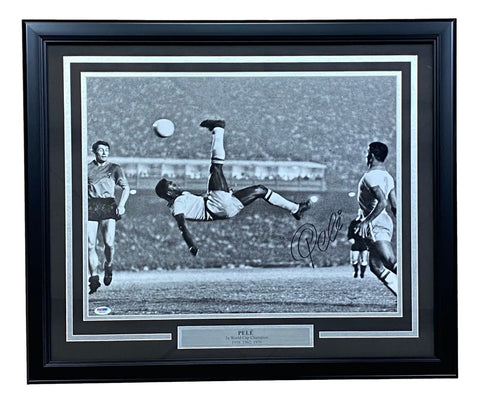 Pele Signed In Black Framed 16x20 Brazil Bicycle Kick Photo PSA Hologram