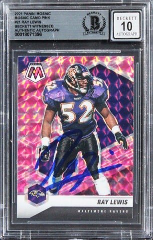 Ray Lewis Signed 2021 Panini Mosaic Camo Pink #21 Card Auto Mint 10! BAS Slabbed