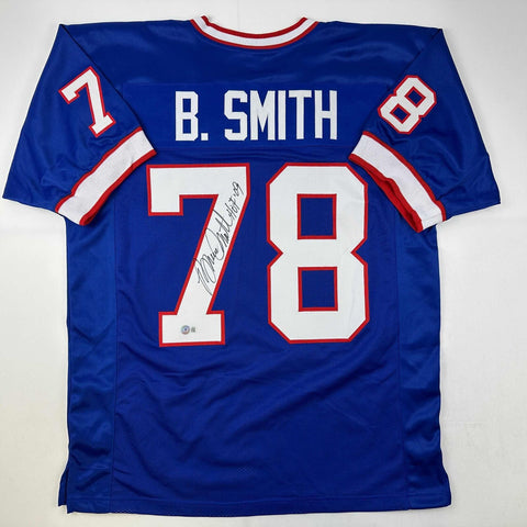 Autographed/Signed Bruce Smith HOF 09 Buffalo Blue Football Jersey Beckett COA