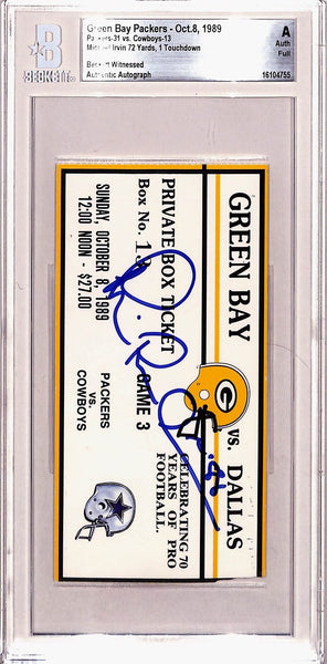 Michael Irvin Signed Dallas Cowboys Ticket Stub 10/08/89 Beckett Slab 43232