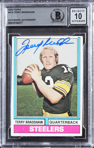 Steelers Terry Bradshaw Signed 1974 Topps #470 Card Auto 10! BAS Slabbed