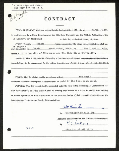 Fritz Crisler HOF Michigan Head Coach Signed/Auto Contract PSA BA199030