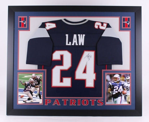 Ty Law Signed Patriots 35"x 43" Framed Jersey / JSA COA 3xSuper Bowl Champion DB