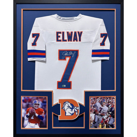John Elway Autographed Signed Framed White Denver Broncos TB Jersey BECKETT