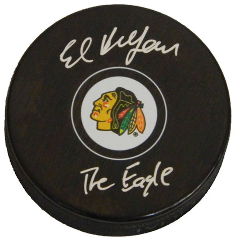 ED BELFOUR Signed Chicago Blackhawks Logo Hockey Puck w/The Eagle - SCHWARTZ
