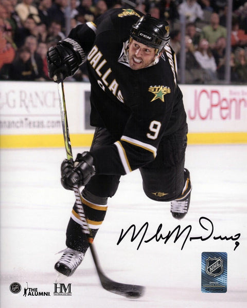 Mike Modano Signed Stars Black Jersey Slap Shot Action 8x10 Photo (SCHWARTZ COA)