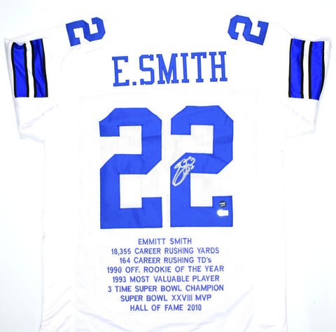 Emmitt Smith Autographed White Pro Style STAT Jersey- Beckett W Hologram *R2