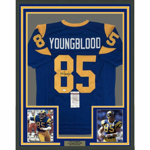 FRAMED Autographed/Signed JACK YOUNGBLOOD 33x42 Los Angeles Blue Jersey JSA COA