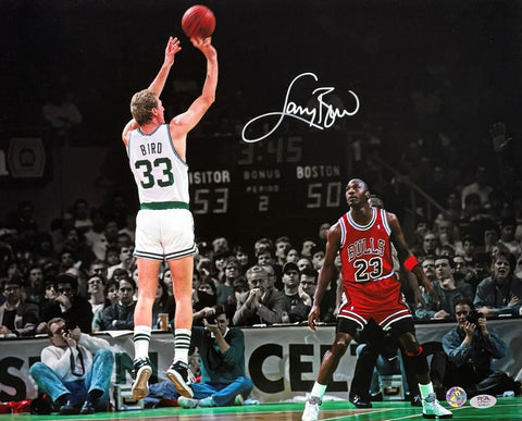 Larry Bird Signed 16x20 Boston Celtics Photo w/ Michael Jordan Bird+PSA/DNA