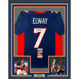 Framed Autographed/Signed John Elway 33x42 Denver Blue Football Jersey JSA COA