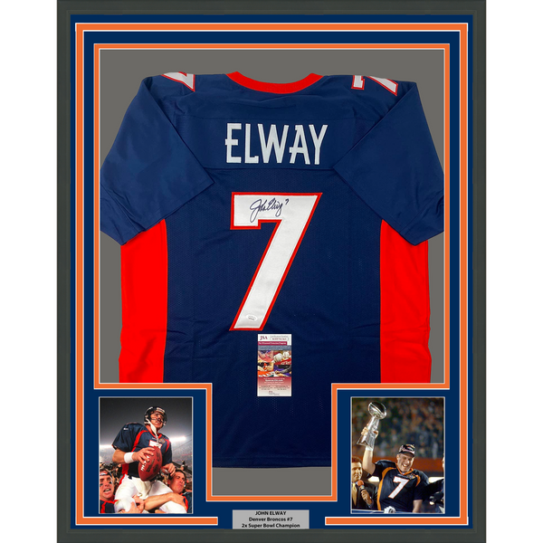 Framed Autographed/Signed John Elway 33x42 Denver Blue Football Jersey JSA COA